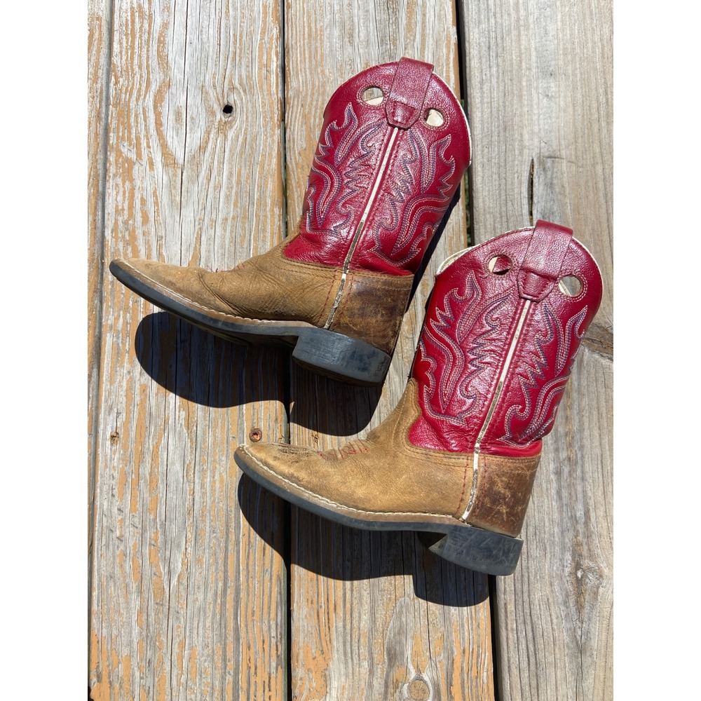 Old West Kids Cowboy Boots Tan Red Leather Square Size 10 D Cute BrokeInAleady! - Picture 2 of 8